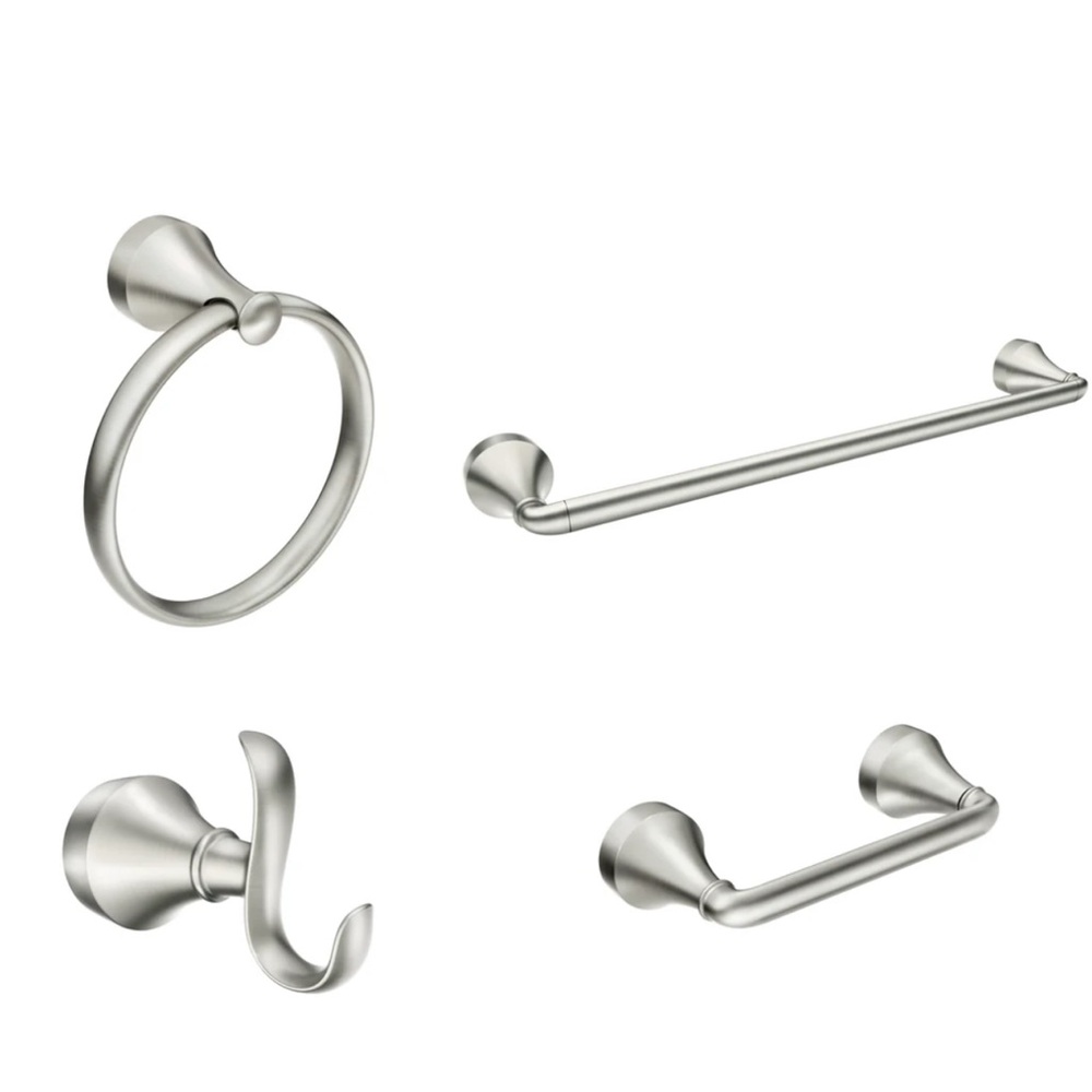 Moen Wellton 4 Pc Bath Accessory Kit Featuring Pivoting Paper Holder NEW!